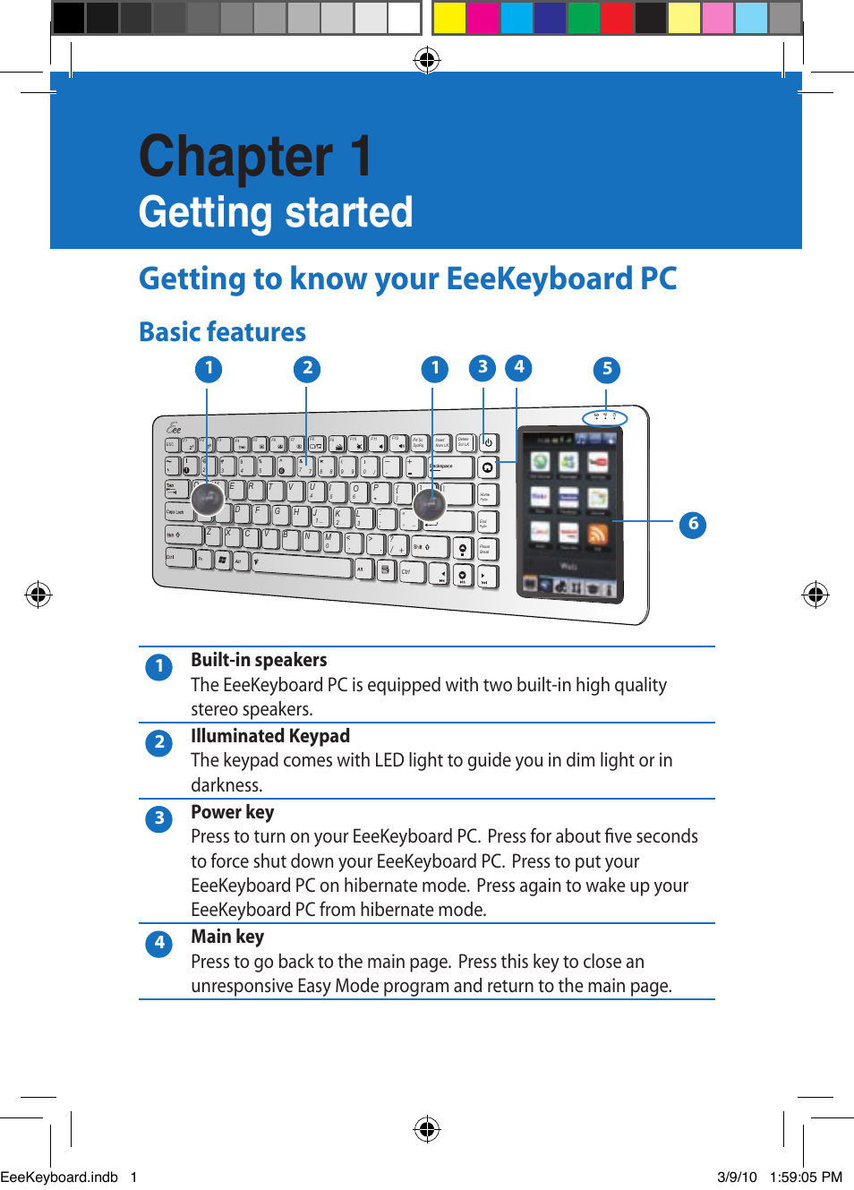 Chapter 1, Getting started, Getting to know your eeekeyboard pc -1 | Basic features -1, Getting to know your eeekeyboard pc, Basic features | Asus EK1542 User Manual | Page 8 / 48