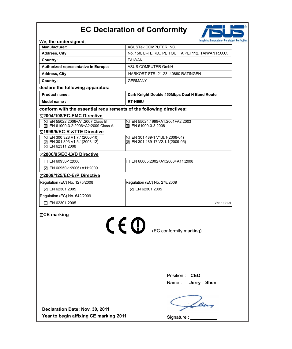 Ec declaration of conformity | Asus RT-N66U (VER.B1) User Manual | Page 3 / 78