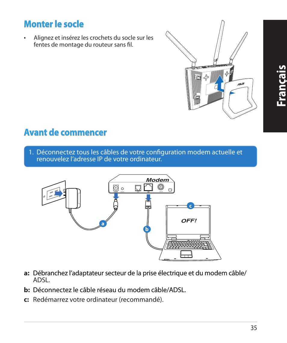 Fr anç ais, Monter le socle, Avant de commencer | Asus RT-N66U (VER.B1) User Manual | Page 35 / 78