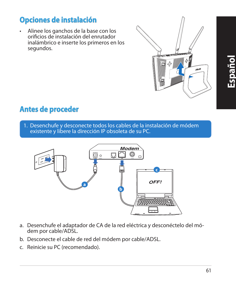 Español, Opciones de instalación, Antes de proceder | Asus RT-N66U (VER.B1) User Manual | Page 61 / 78