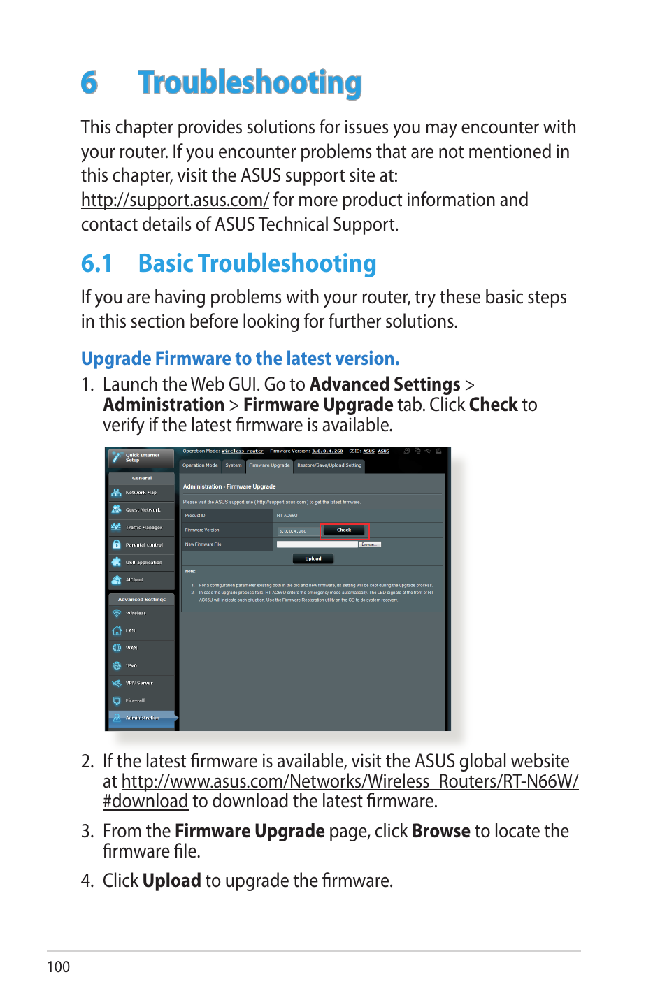 6 troubleshooting, 1 basic troubleshooting, Troubleshooting | Basic troubleshooting | Asus RT-N66W User Manual | Page 100 / 130