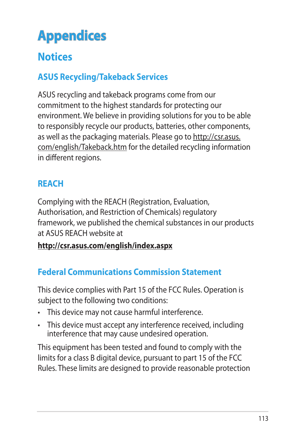 Appendices, Notices | Asus RT-N66W User Manual | Page 113 / 130