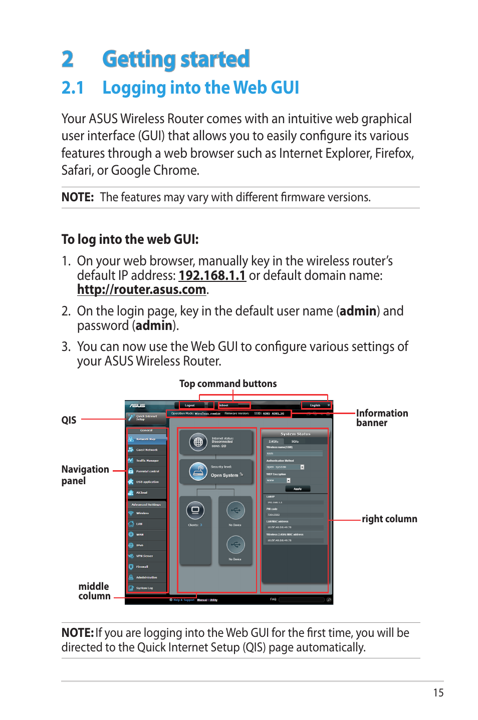 2 getting started, 1 logging into the web gui, Getting started | Logging into the web gui | Asus RT-N66W User Manual | Page 15 / 130