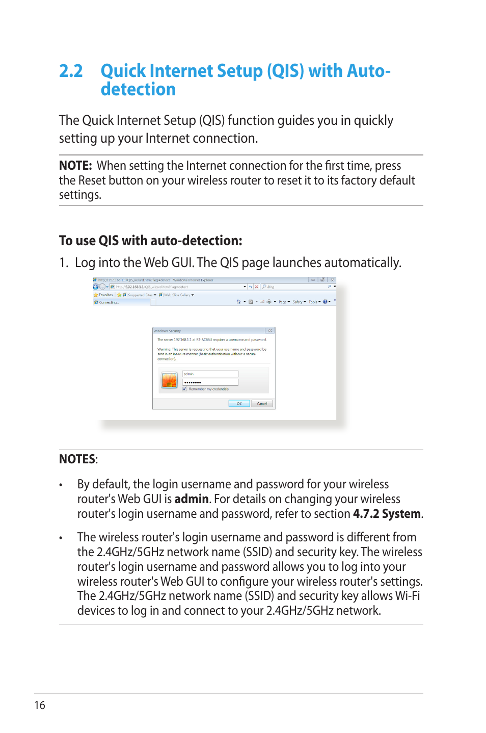 2 quick internet setup (qis) with auto-detection, Quick internet setup (qis) with auto-detection, 2 quick internet setup (qis) with auto- detection | Asus RT-N66W User Manual | Page 16 / 130