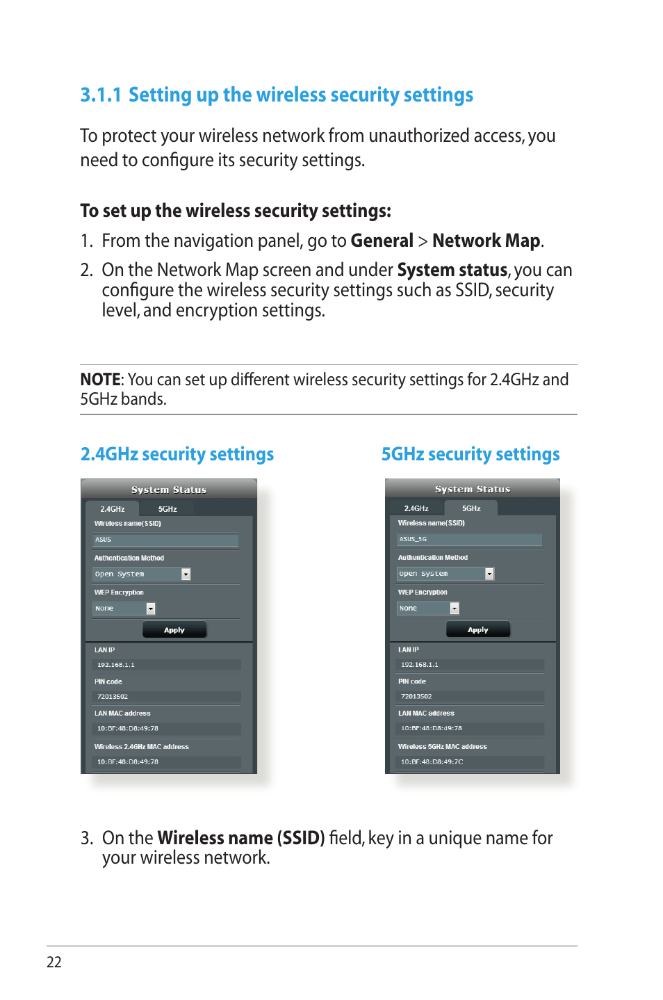 1 setting up the wireless security settings | Asus RT-N66W User Manual | Page 22 / 130