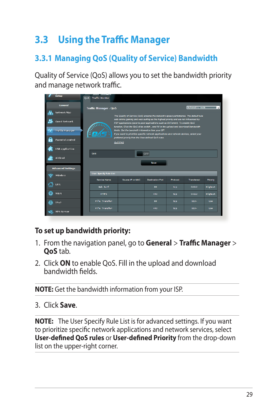 3 using the traffic manager, 1 managing qos (quality of service) bandwidth, Using the traffic manager | Asus RT-N66W User Manual | Page 29 / 130