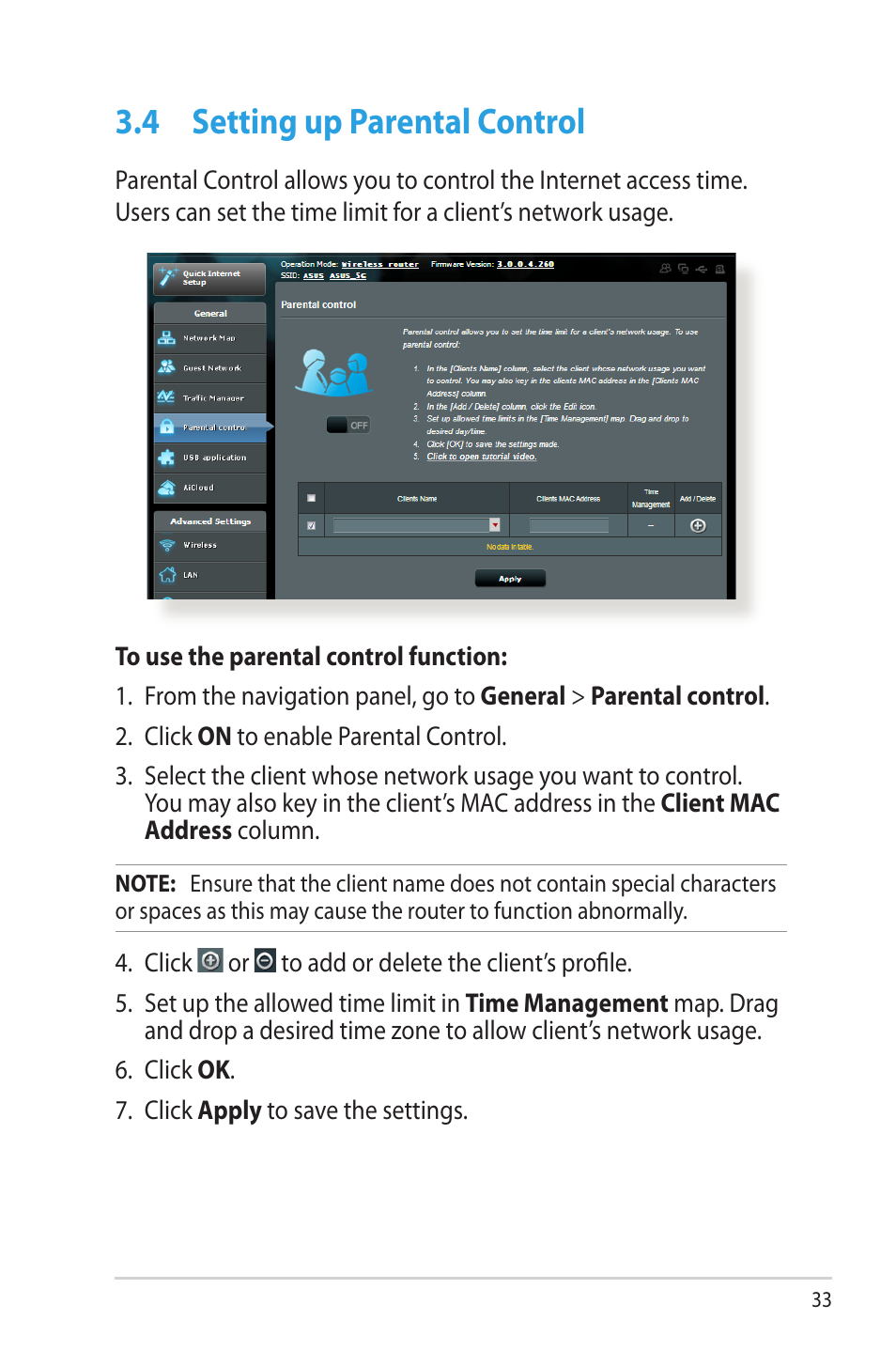 4 setting up parental control, Setting up parental control | Asus RT-N66W User Manual | Page 33 / 130