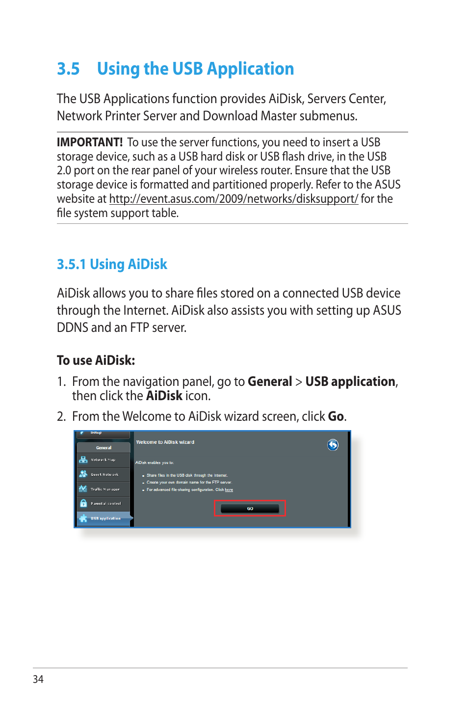 5 using the usb application, 1 using aidisk, Using the usb application | Asus RT-N66W User Manual | Page 34 / 130