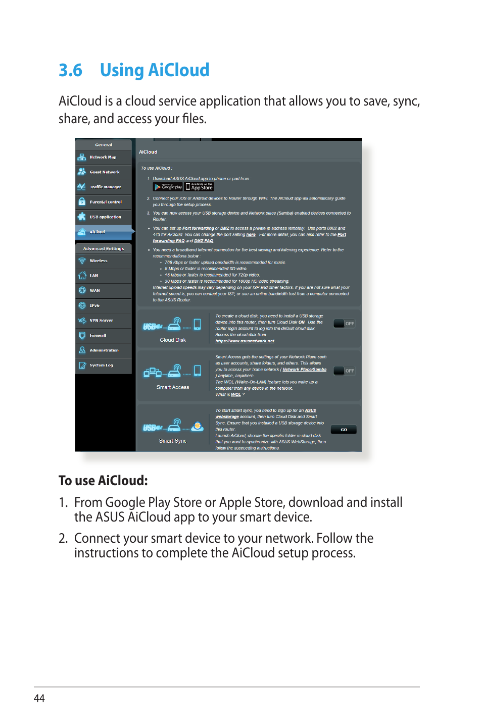 6 using aicloud, Using aicloud | Asus RT-N66W User Manual | Page 44 / 130