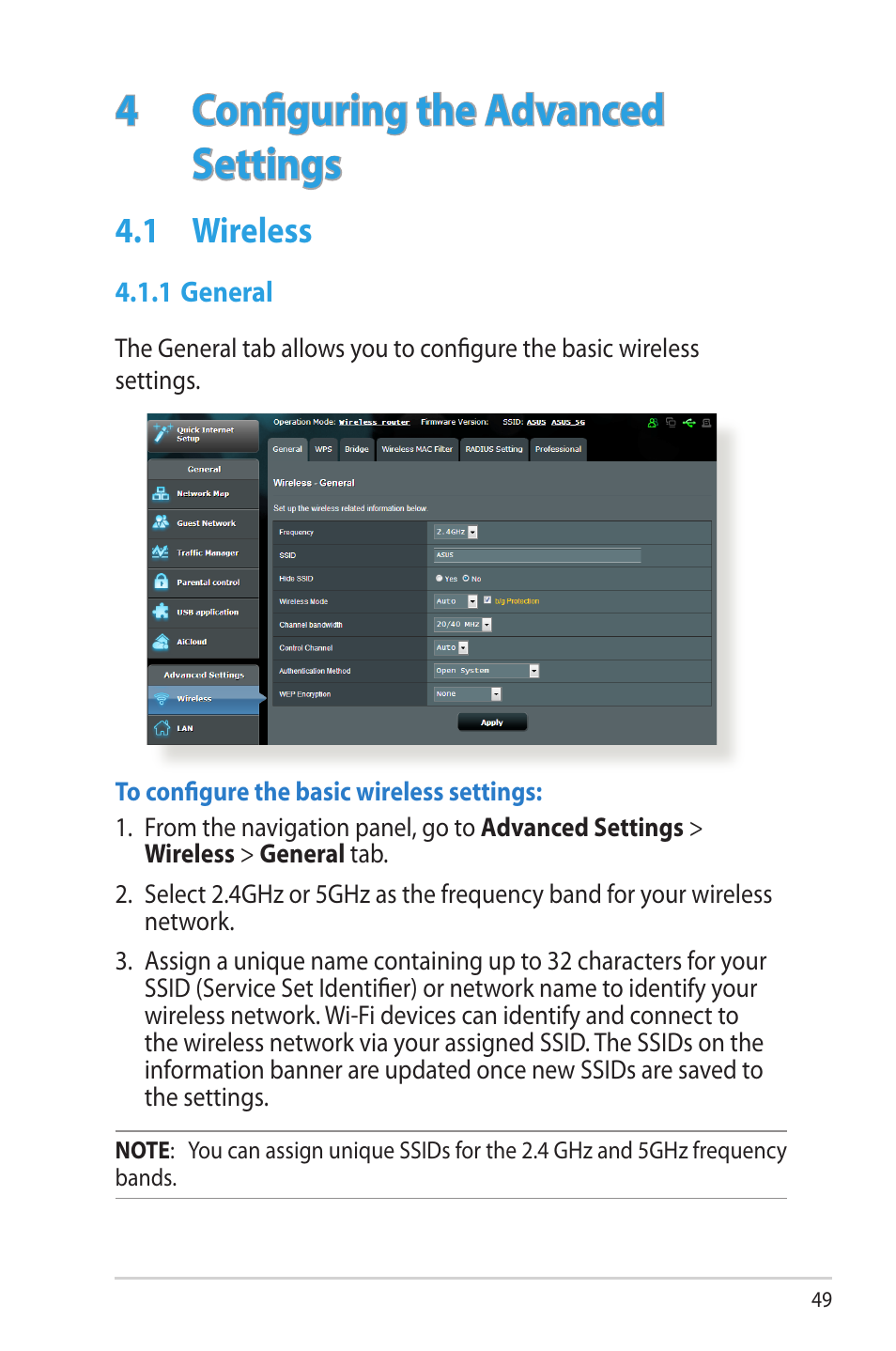 4 configuring the advanced settings, 1 wireless, 1 general | Configuring the advanced settings, Wireless | Asus RT-N66W User Manual | Page 49 / 130