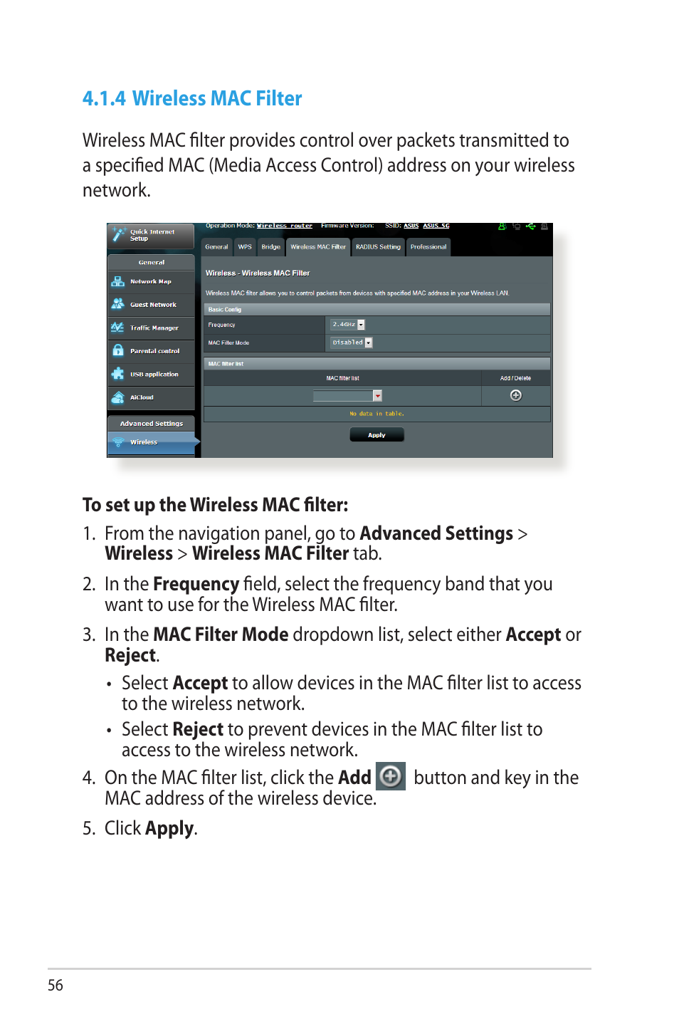 4 wireless mac filter | Asus RT-N66W User Manual | Page 56 / 130