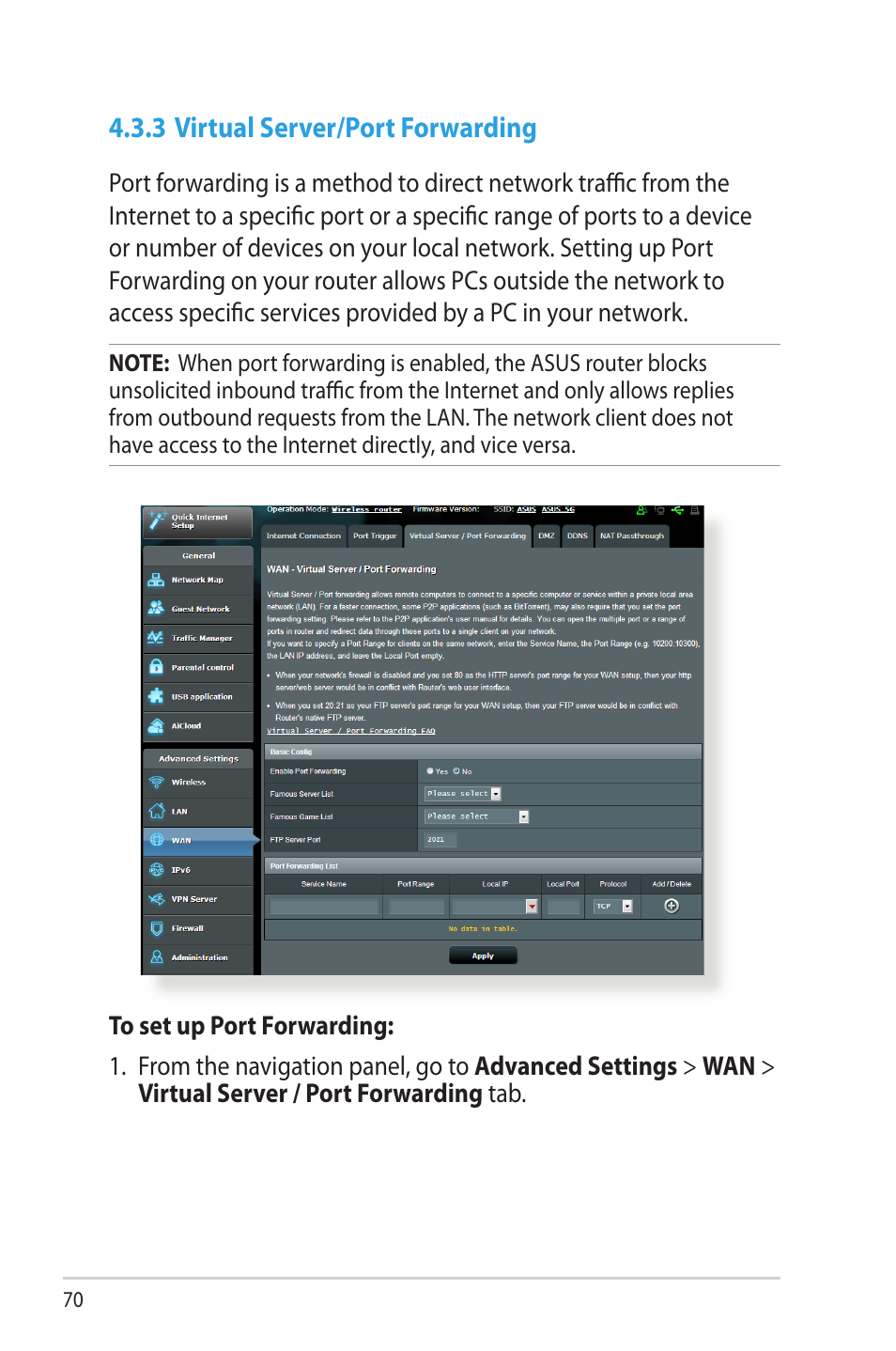 3 virtual server/port forwarding | Asus RT-N66W User Manual | Page 70 / 130