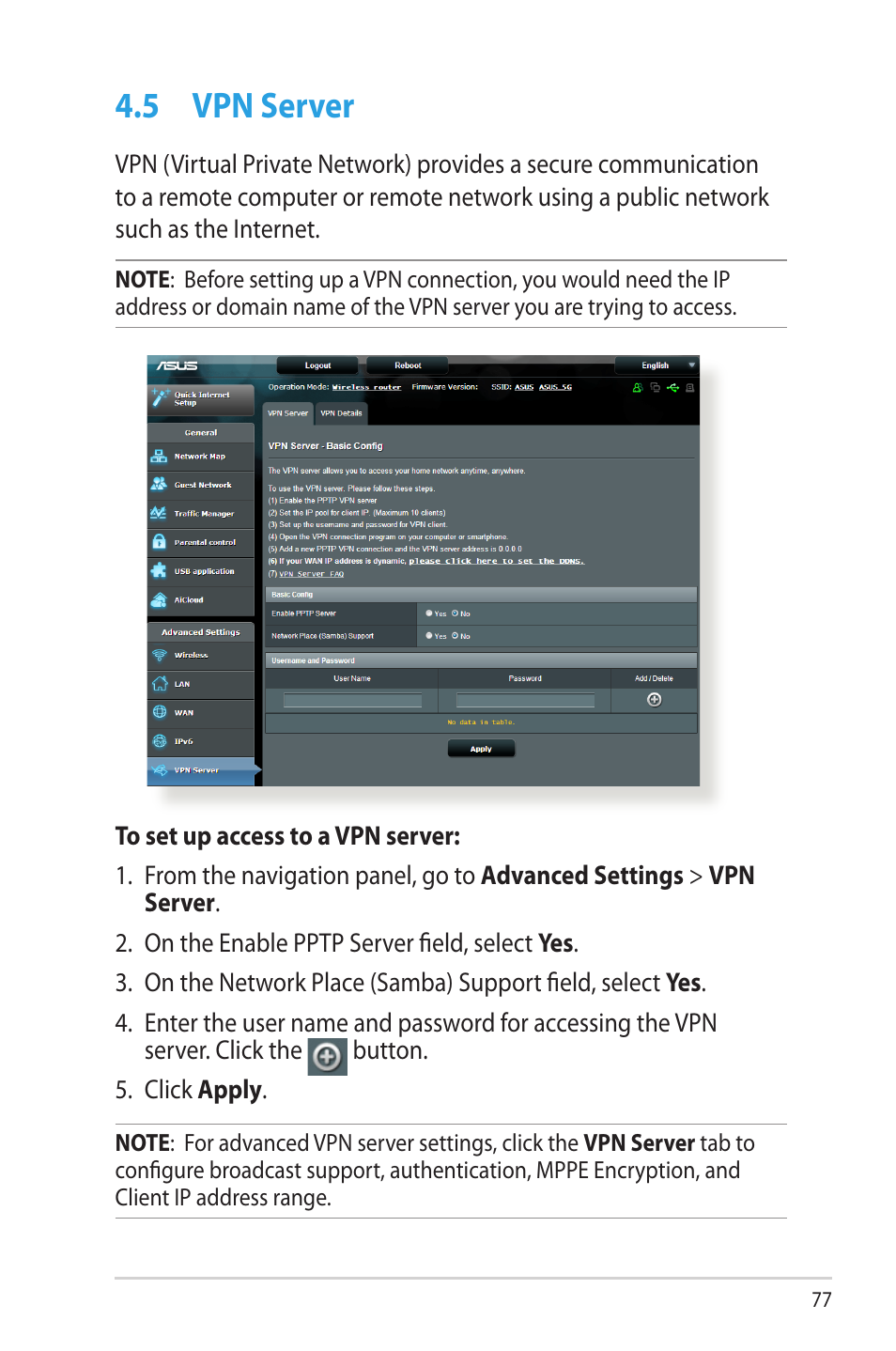 5 vpn server, Vpn server | Asus RT-N66W User Manual | Page 77 / 130