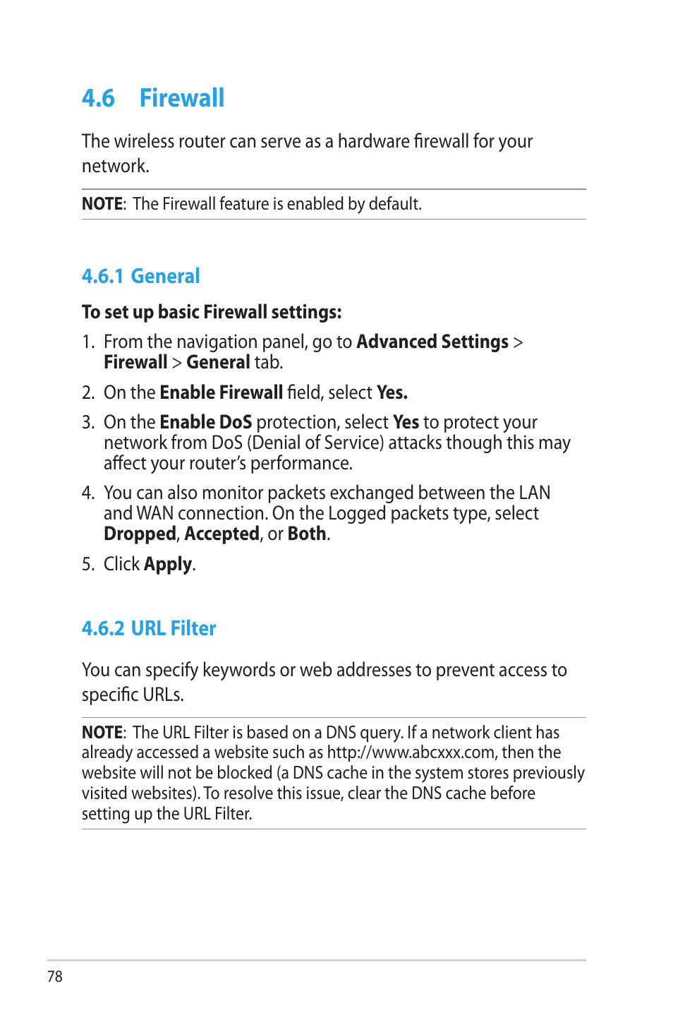 6 firewall, 1 general, 2 url filter | Firewall, 1 general 4.6.2 url filter | Asus RT-N66W User Manual | Page 78 / 130