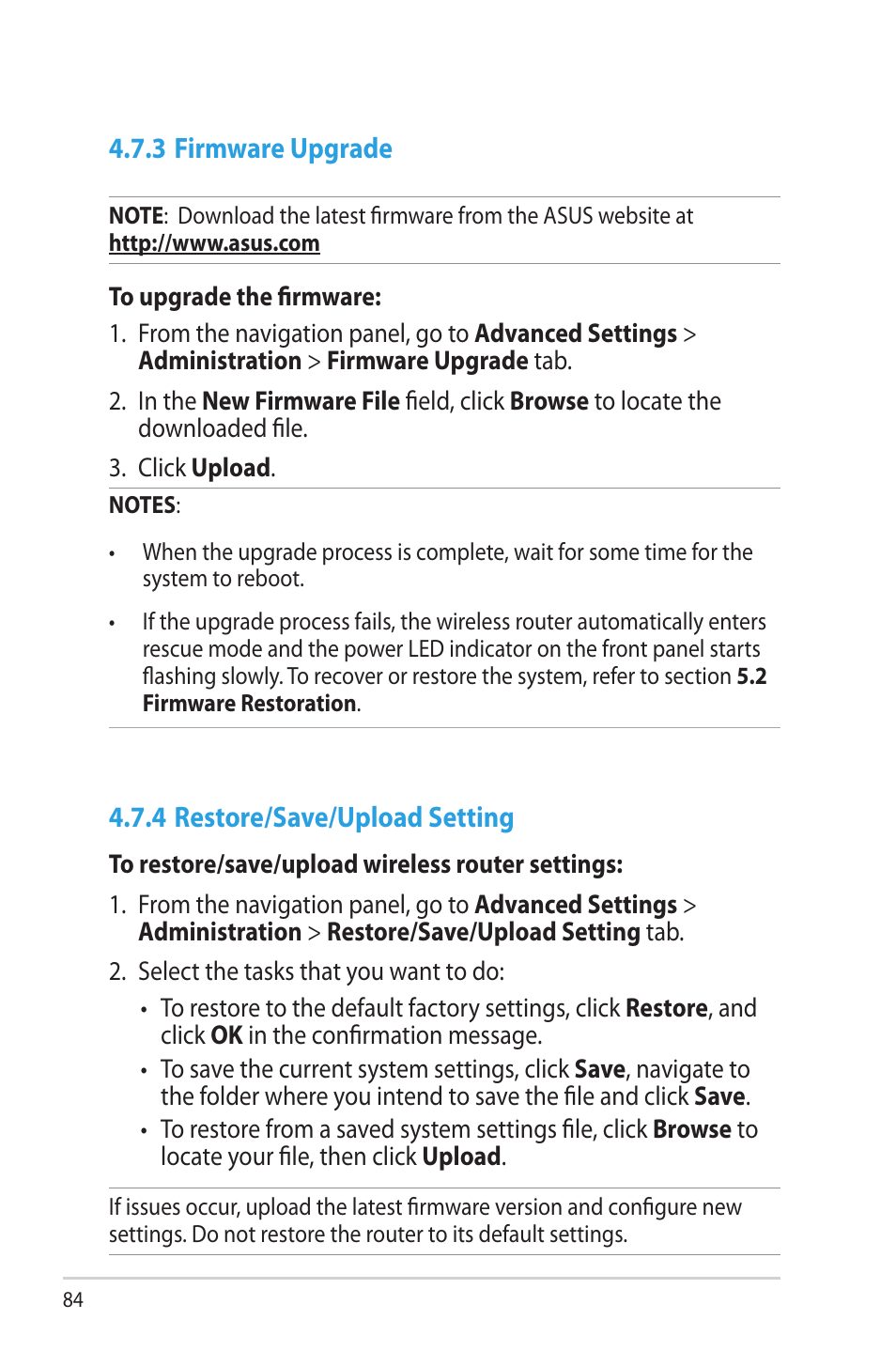 3 firmware upgrade, 4 restore/save/upload setting | Asus RT-N66W User Manual | Page 84 / 130