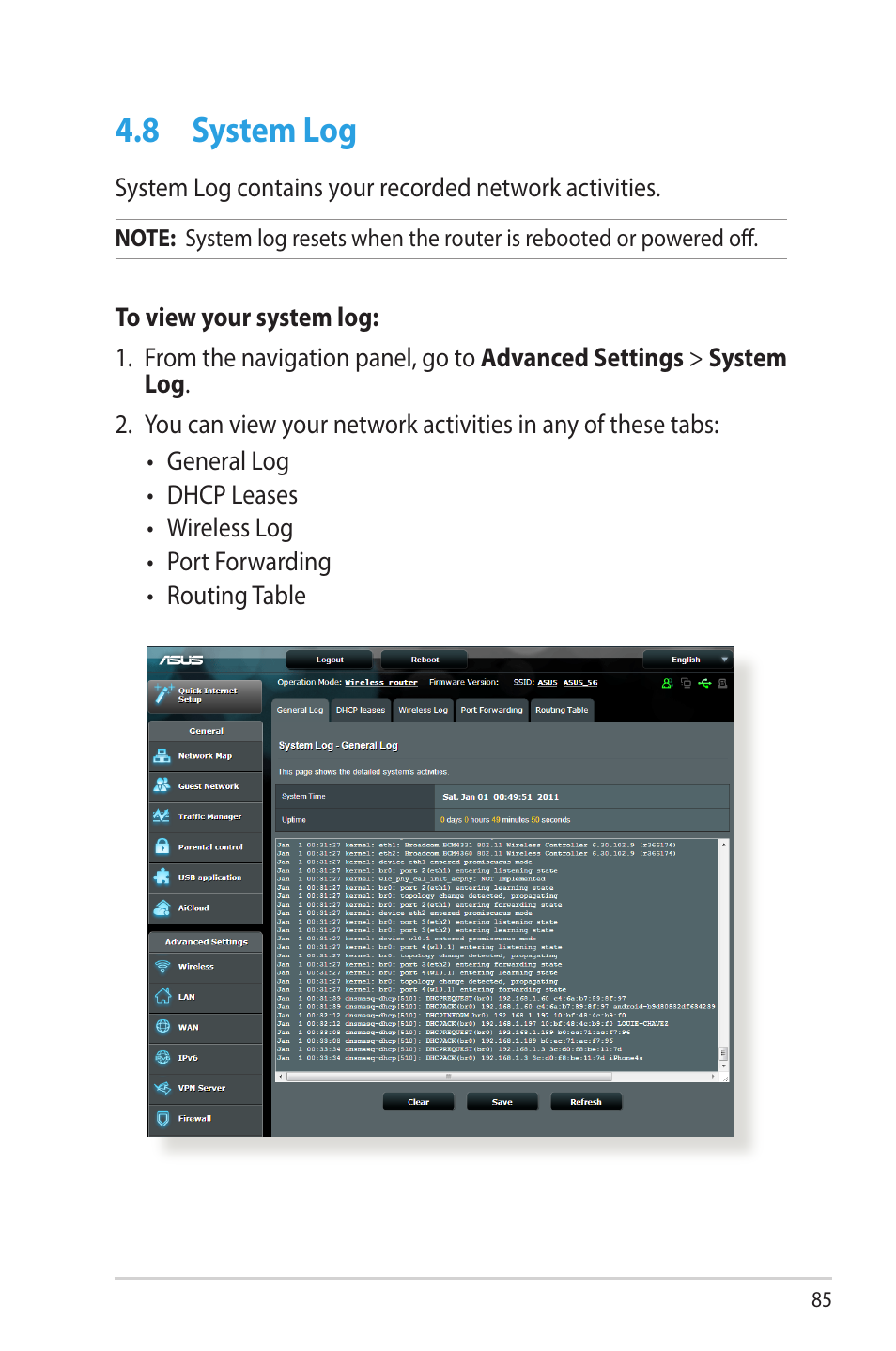 8 system log, System log | Asus RT-N66W User Manual | Page 85 / 130