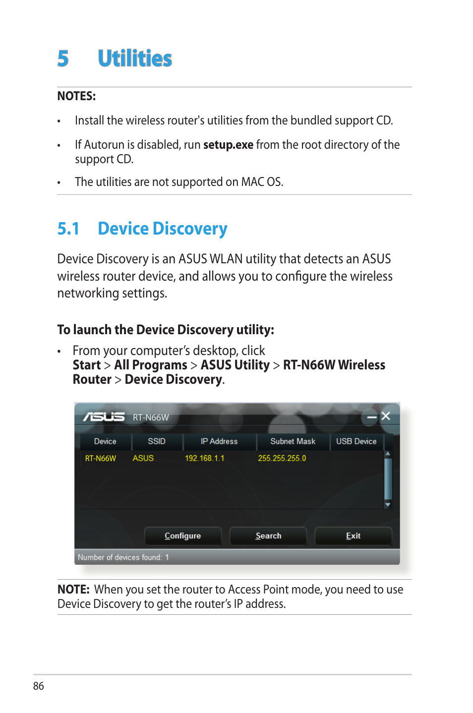 5 utilities, 1 device discovery, Utilities | Device discovery | Asus RT-N66W User Manual | Page 86 / 130