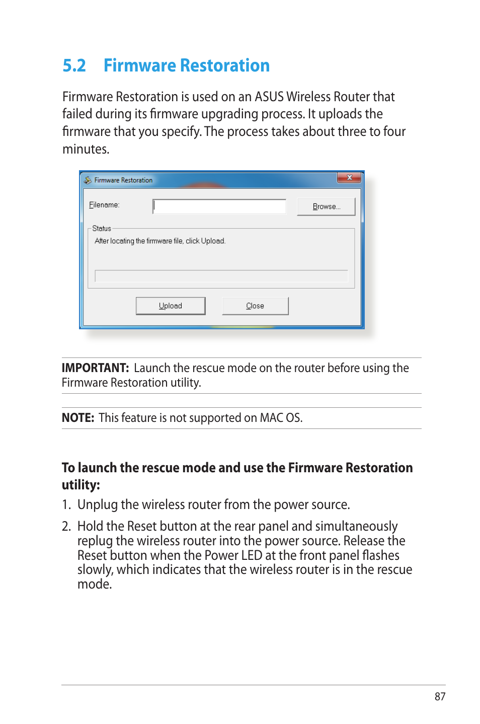 2 firmware restoration, Firmware restoration | Asus RT-N66W User Manual | Page 87 / 130