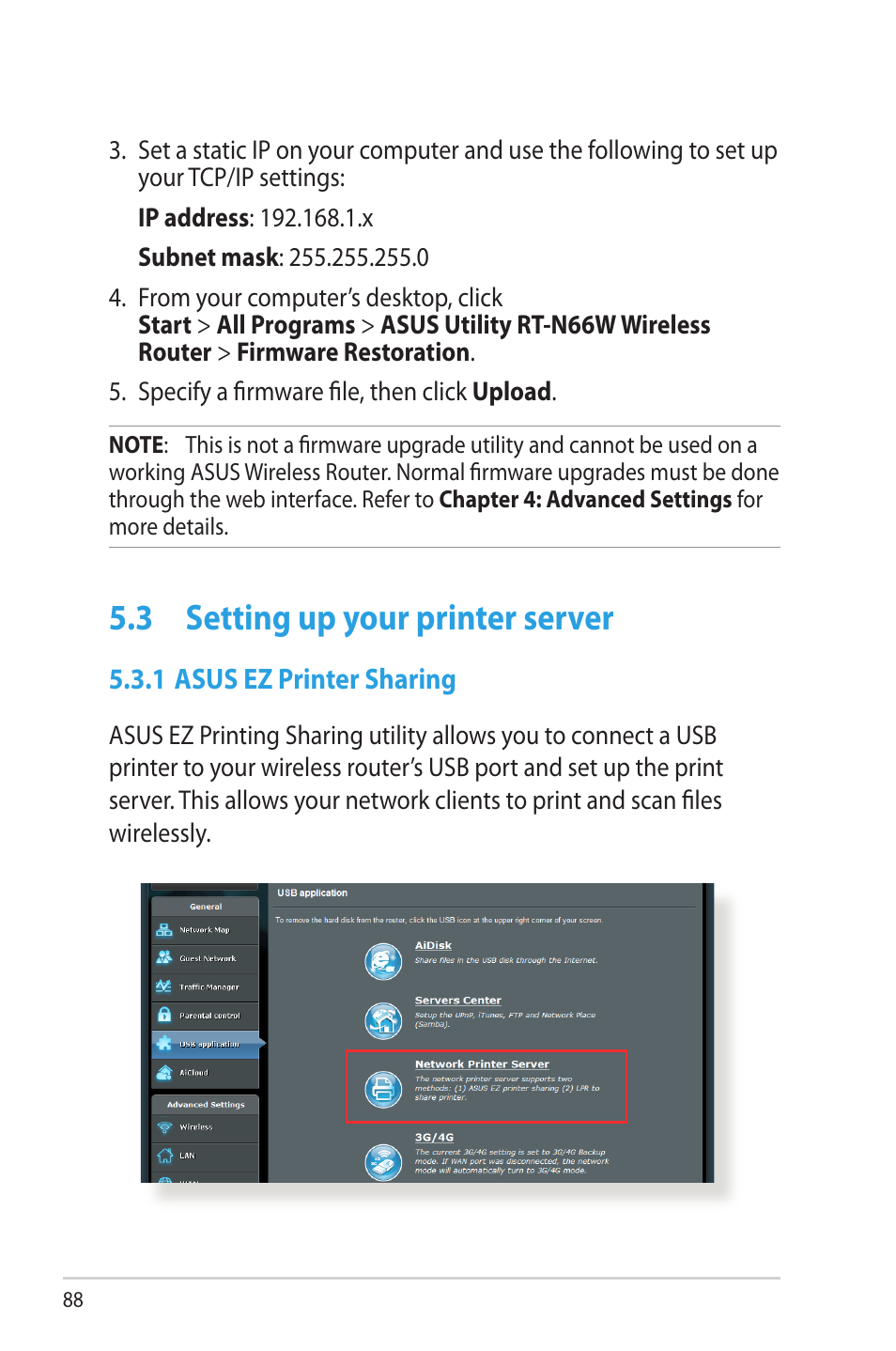 3 setting up your printer server, 1 asus ez printer sharing, Setting up your printer server | Asus RT-N66W User Manual | Page 88 / 130