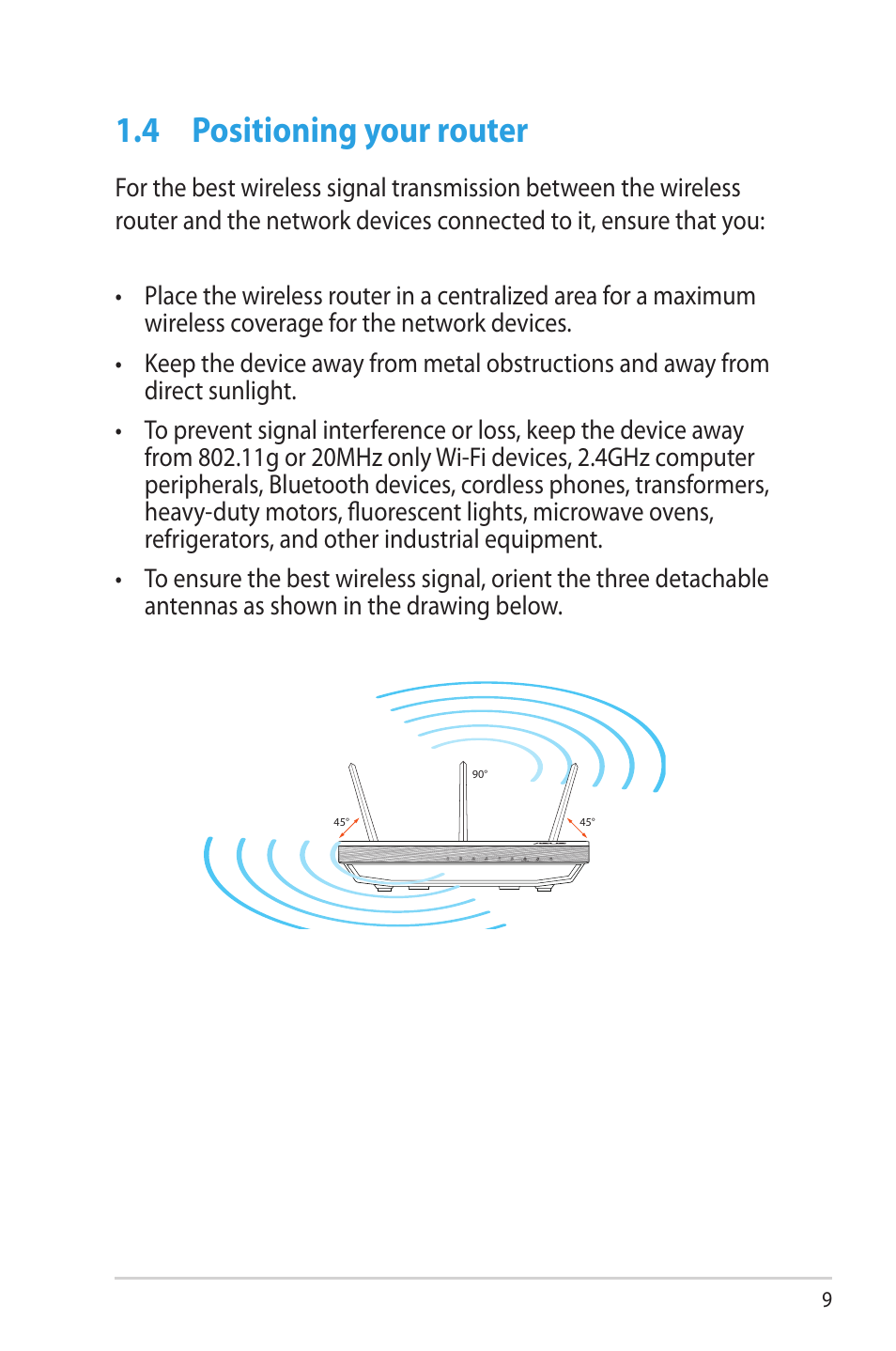 4 positioning your router, Positioning your router | Asus RT-N66W User Manual | Page 9 / 130