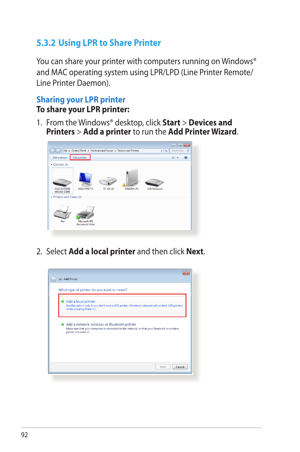 2 using lpr to share printer | Asus RT-N66W User Manual | Page 92 / 130