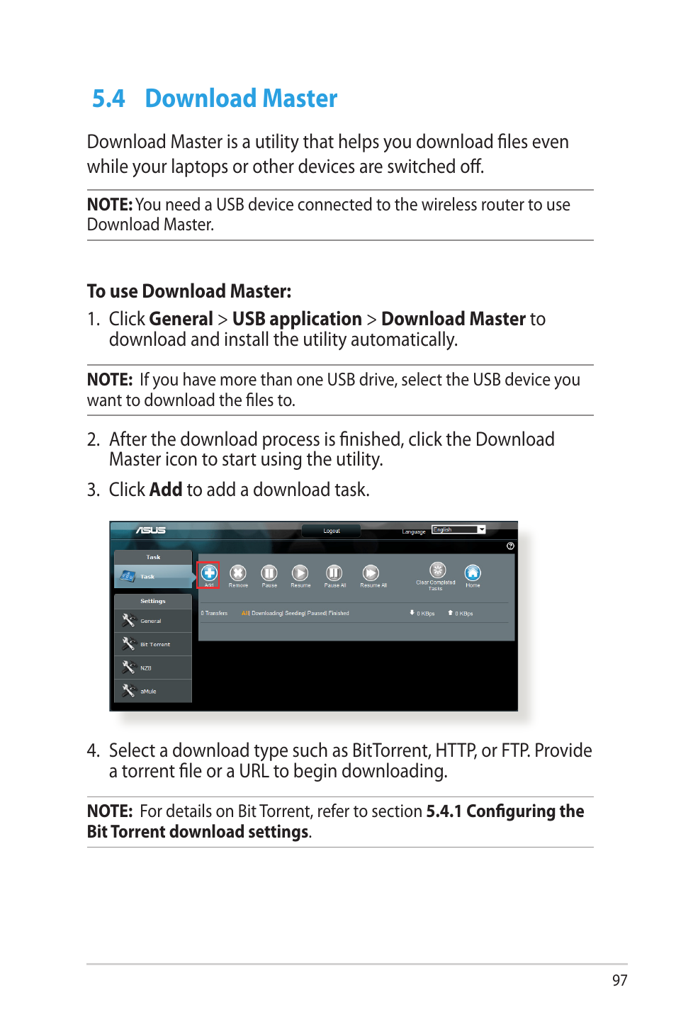 4 download master, Download master | Asus RT-N66W User Manual | Page 97 / 130