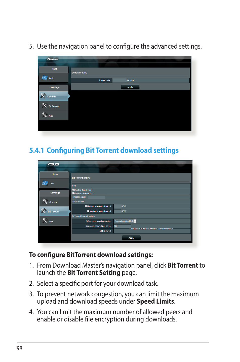 1 configuring bit torrent download settings | Asus RT-N66W User Manual | Page 98 / 130