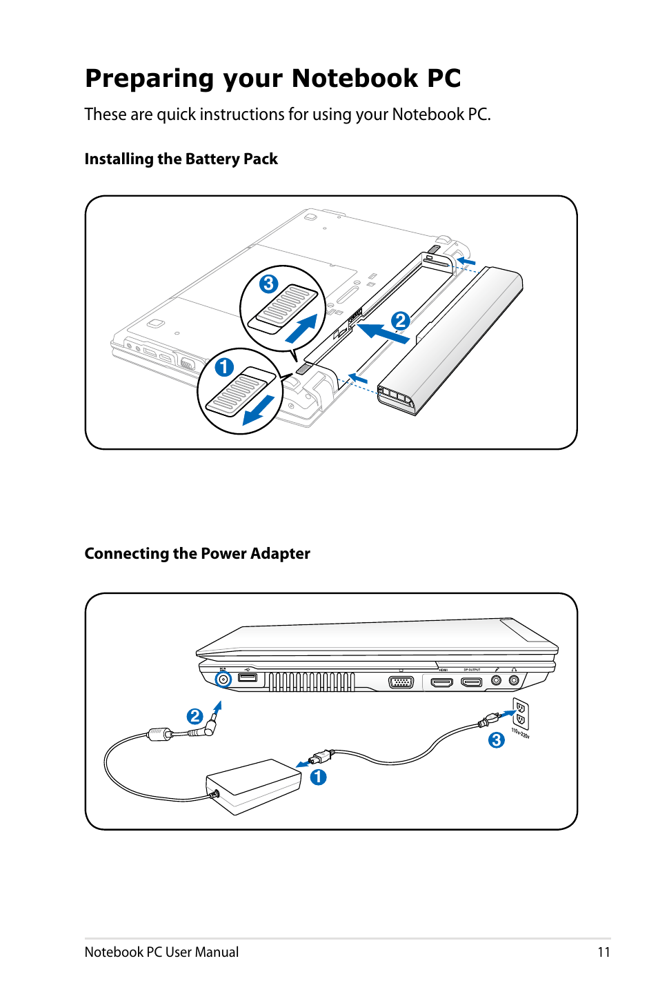 Preparing your notebook pc | Asus B53J User Manual | Page 11 / 126