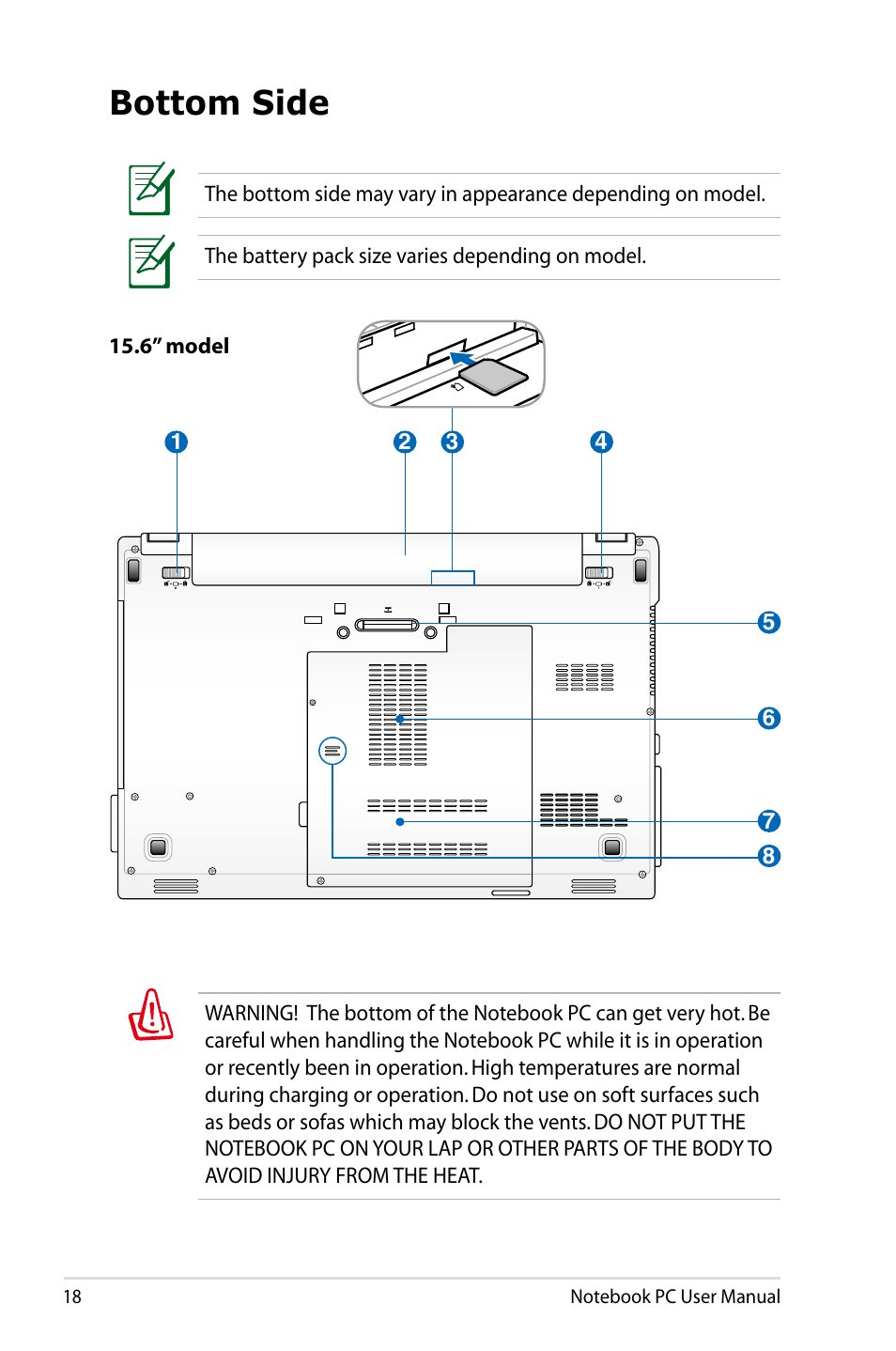 Bottom side | Asus B53J User Manual | Page 18 / 126