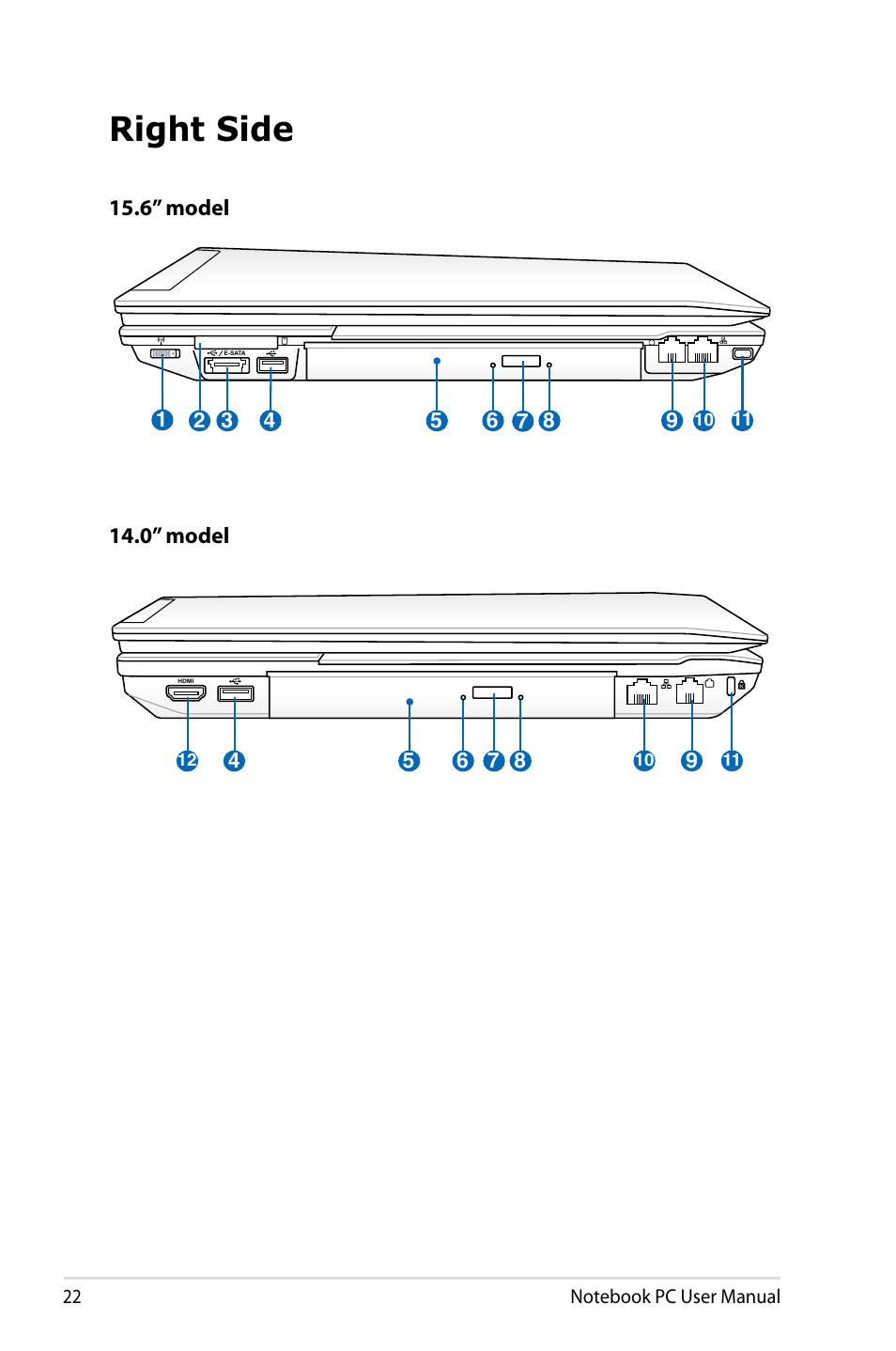 Right side, 6” model 14.0” model | Asus B53J User Manual | Page 22 / 126