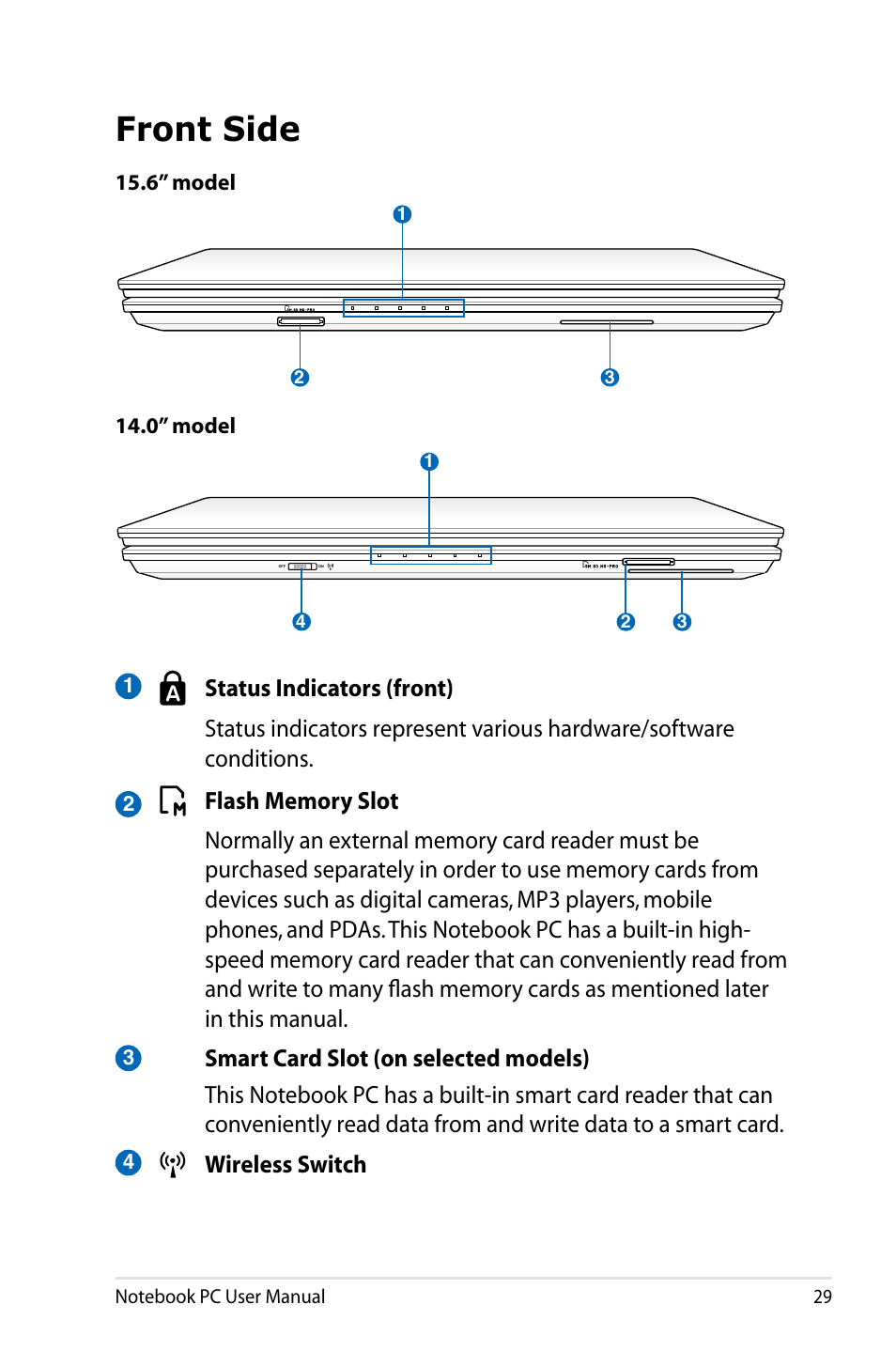 Front side, 6” model 14.0” model | Asus B53J User Manual | Page 29 / 126