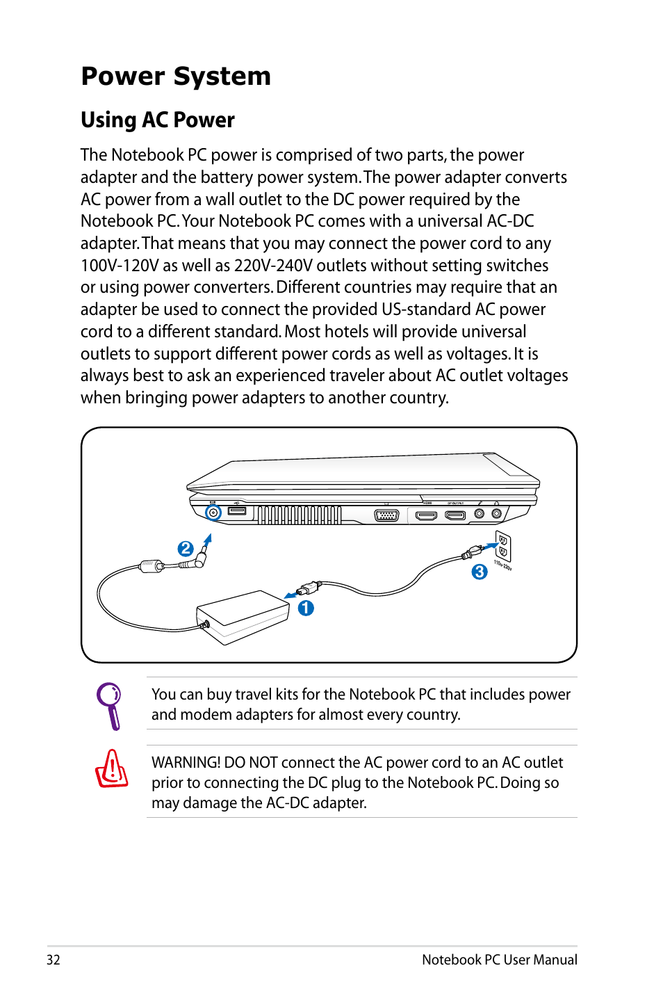 Power system, Using ac power | Asus B53J User Manual | Page 32 / 126