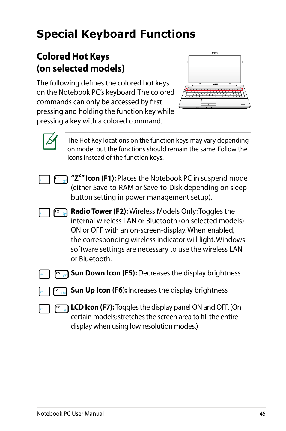 Special keyboard functions, Colored hot keys (on selected models) | Asus B53J User Manual | Page 45 / 126