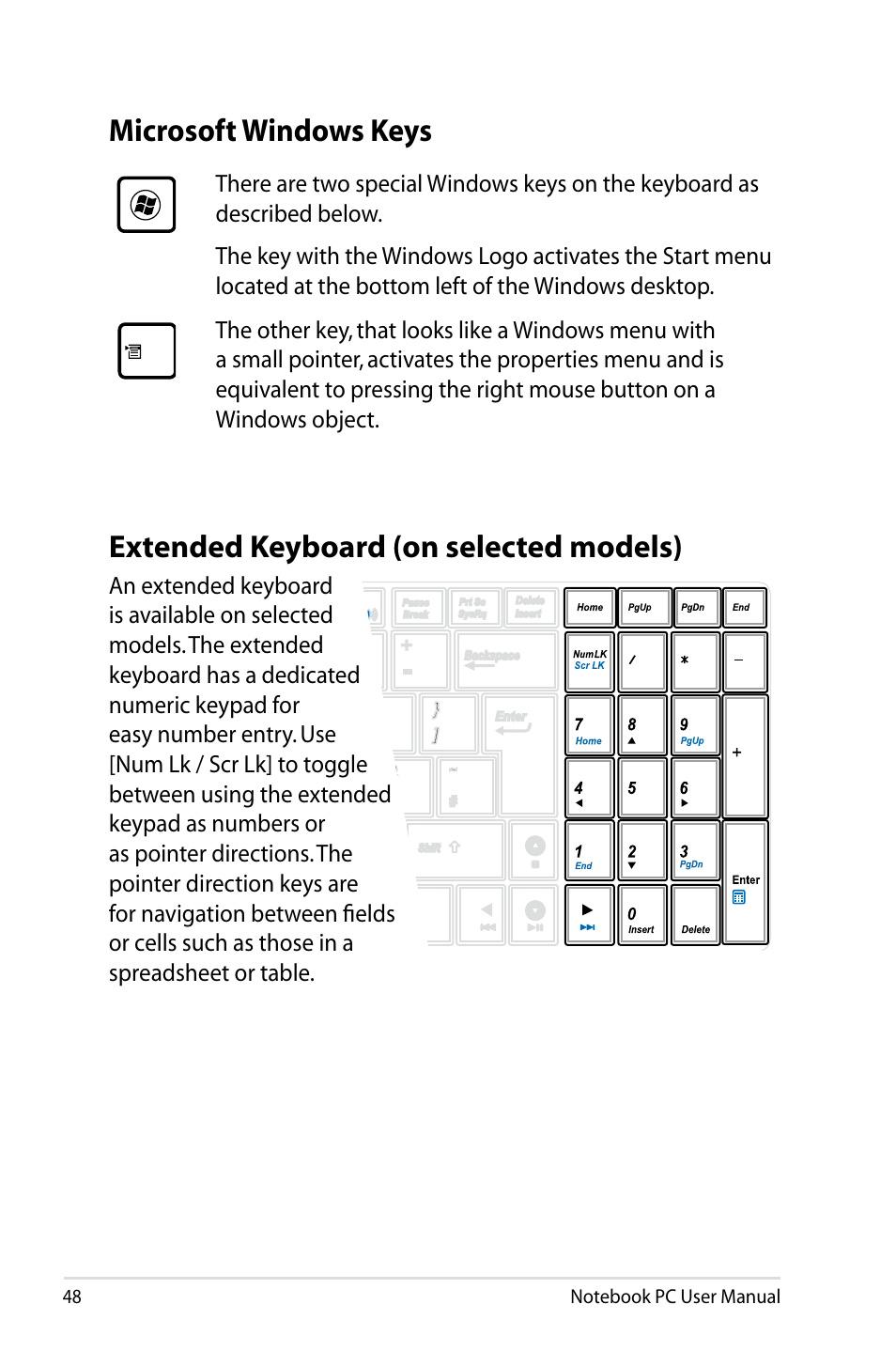 Microsoft windows keys, Extended keyboard (on selected models) | Asus B53J User Manual | Page 48 / 126