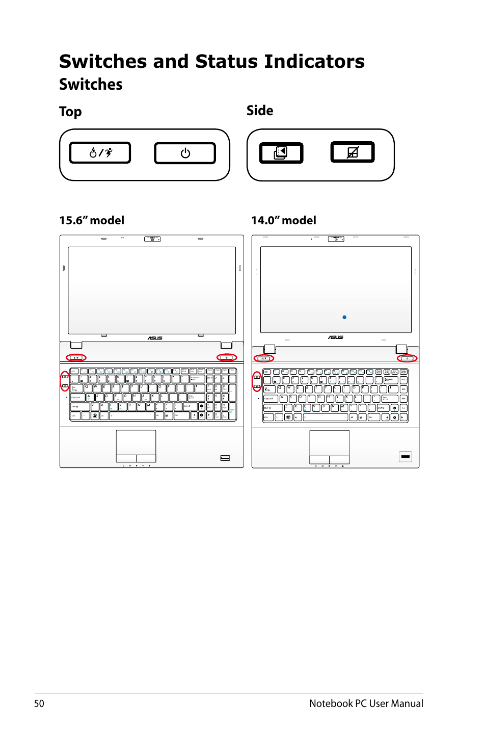Switches and status indicators, Switches, Top side | 6” model, 0” model, Off on | Asus B53J User Manual | Page 50 / 126