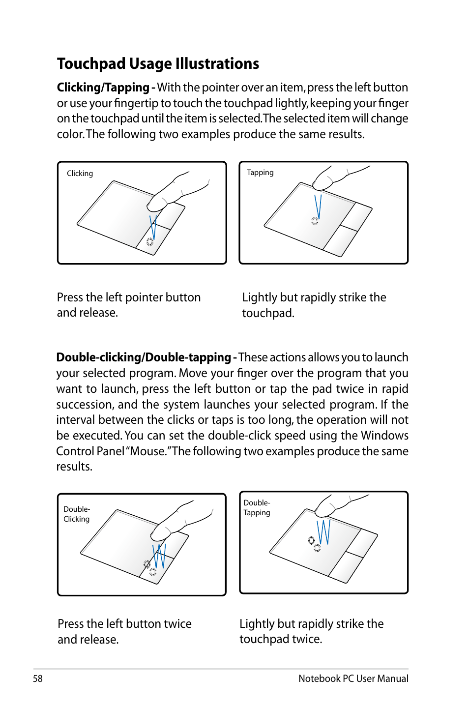 Touchpad usage illustrations | Asus B53J User Manual | Page 58 / 126