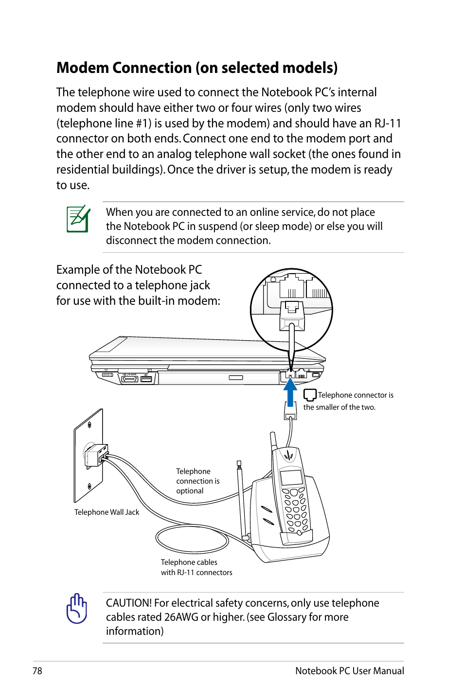 Modem connection (on selected models) | Asus B53J User Manual | Page 78 / 126