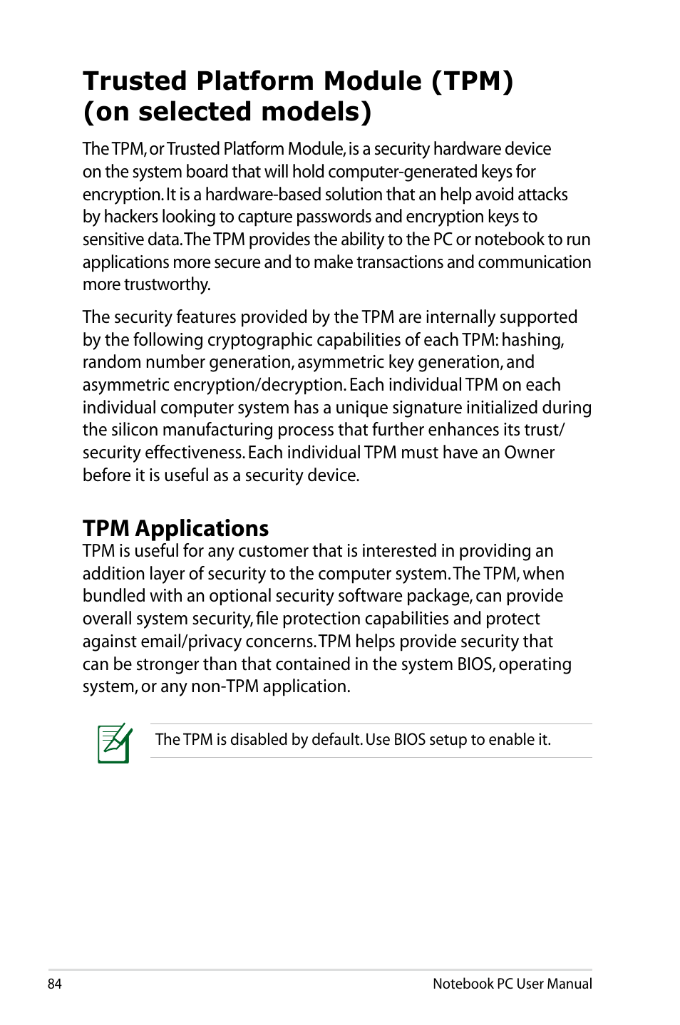 Trusted platform module (tpm)(on selected models), Trusted platform module (tpm) (on selected models), Tpm applications | Asus B53J User Manual | Page 84 / 126