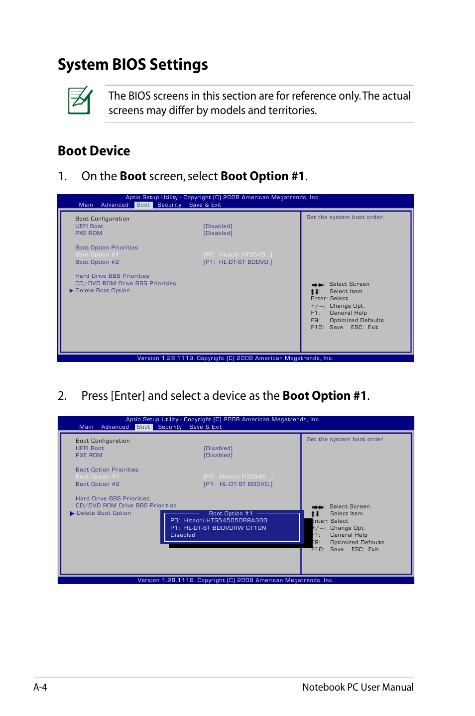 System bios settings, Boot device, On the boot screen, select boot option #1 | Asus B53J User Manual | Page 90 / 126