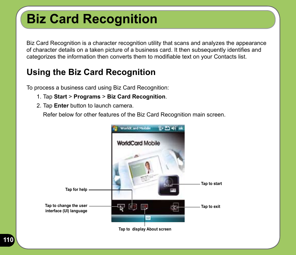 Biz card recognition, Using the biz card recognition | Asus P735 User Manual | Page 110 / 150