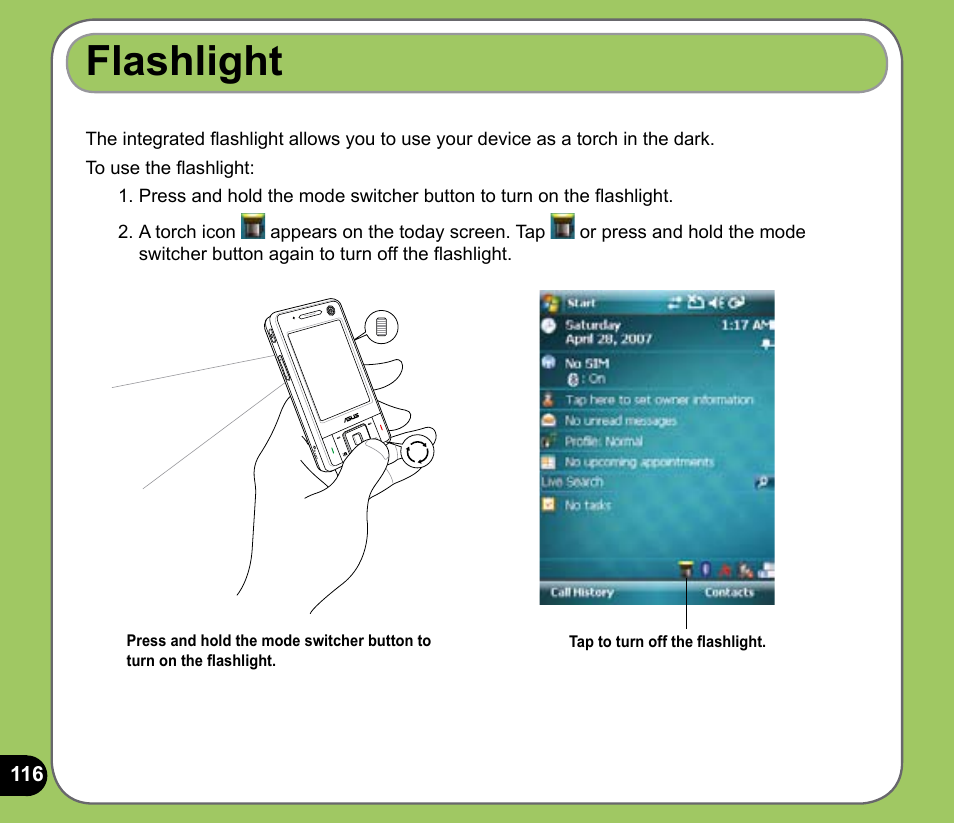 Flashlight | Asus P735 User Manual | Page 116 / 150