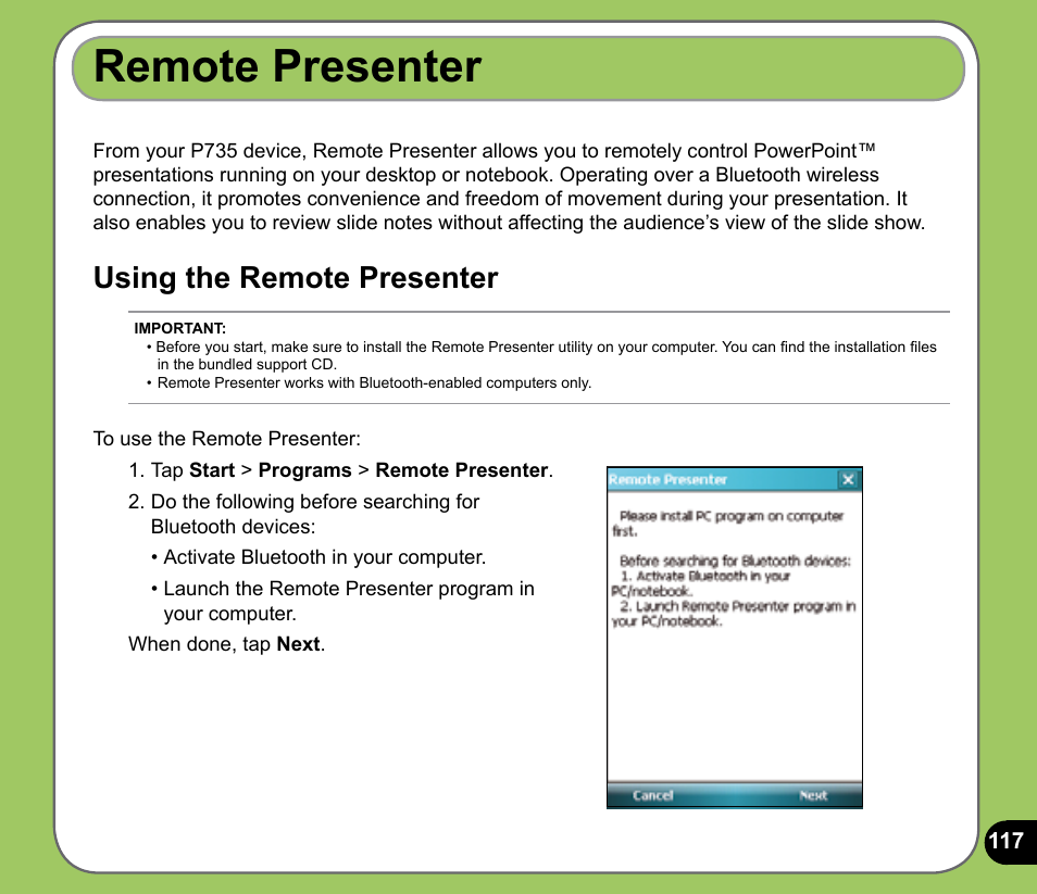 Remote presenter, Using the remote presenter | Asus P735 User Manual | Page 117 / 150