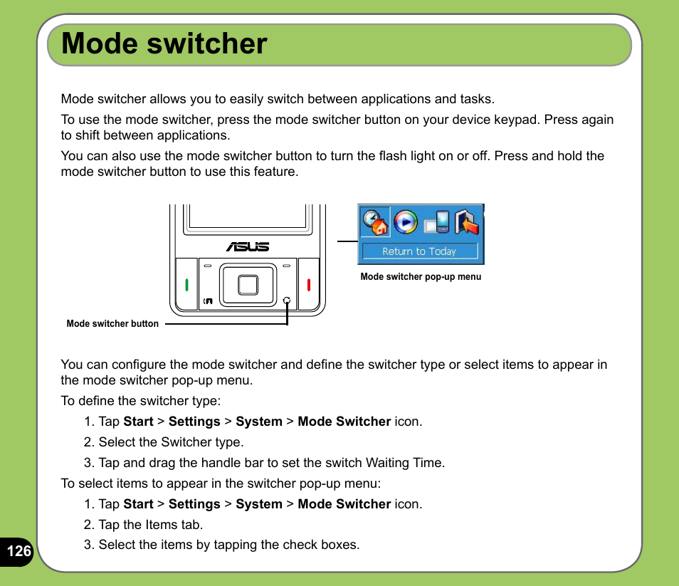 Mode switcher | Asus P735 User Manual | Page 126 / 150