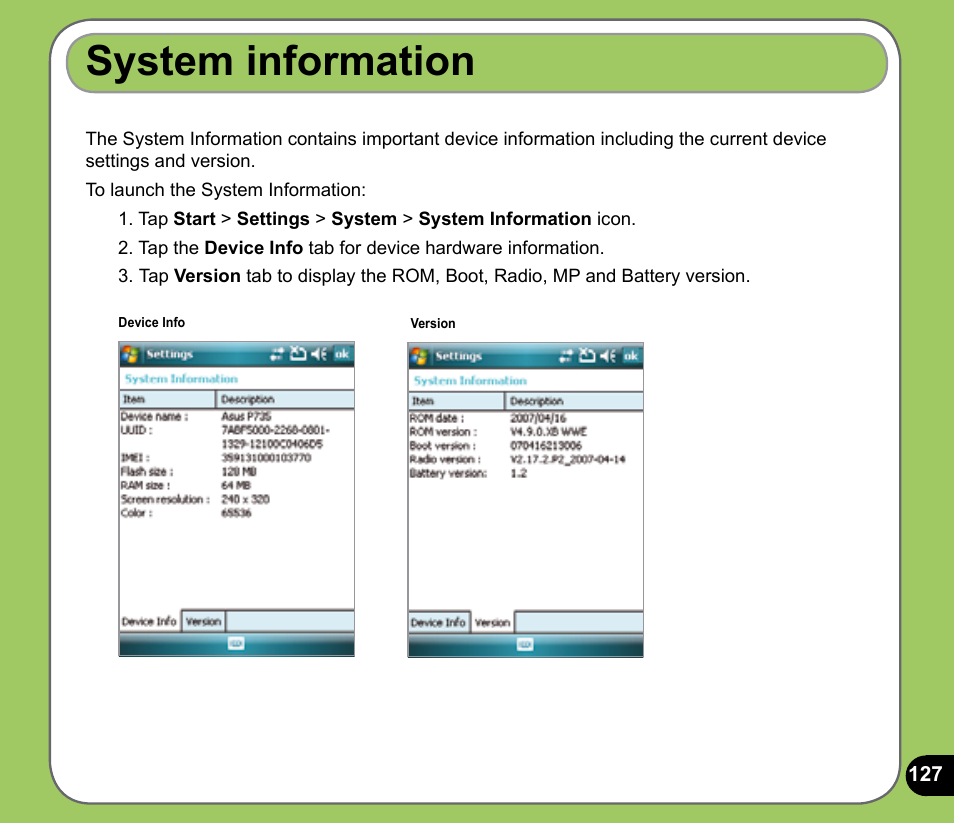 System information | Asus P735 User Manual | Page 127 / 150