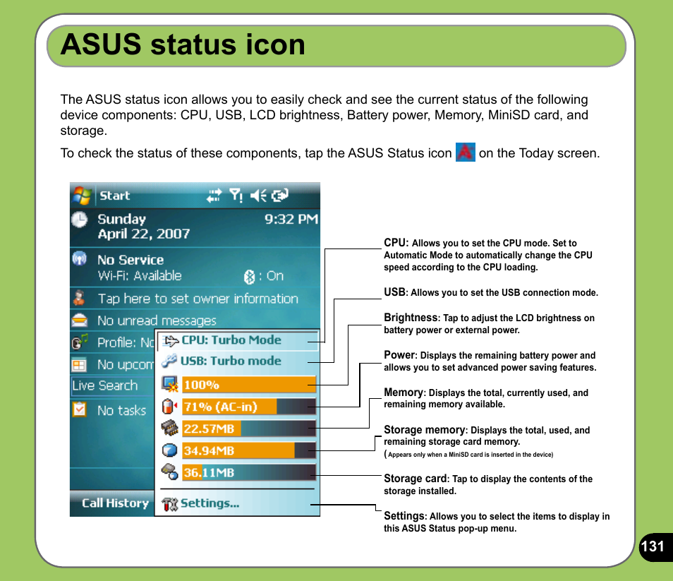 Asus status icon | Asus P735 User Manual | Page 131 / 150