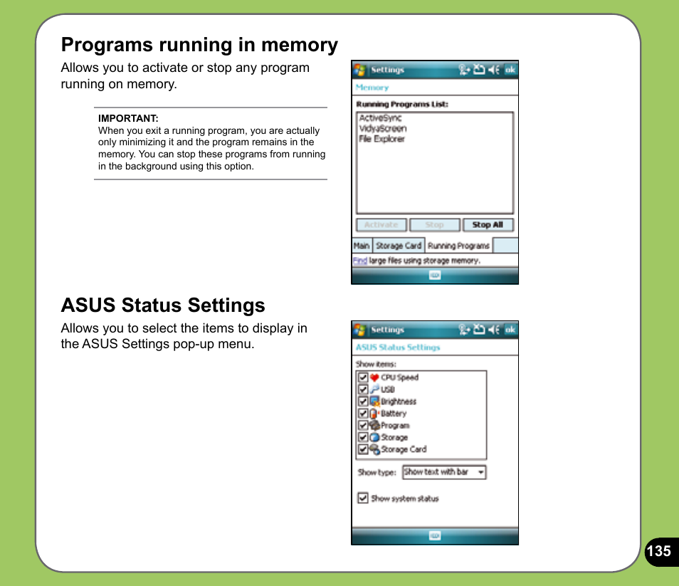 Asus status settings | Asus P735 User Manual | Page 135 / 150