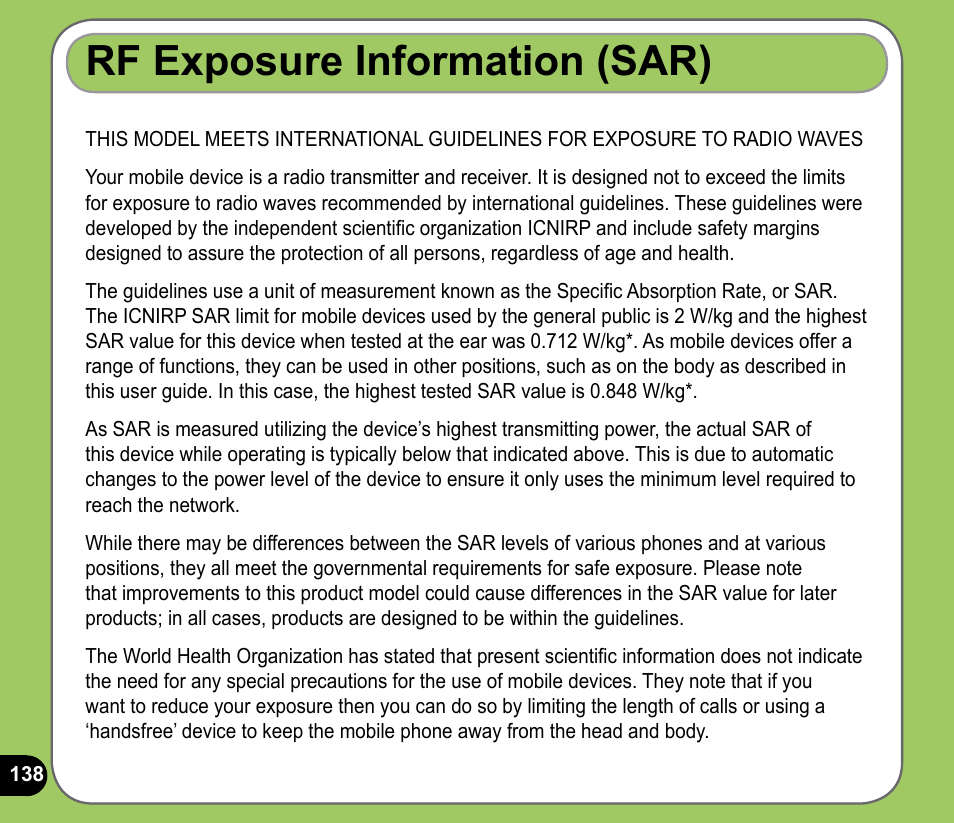 Rf exposure information (sar) | Asus P735 User Manual | Page 138 / 150