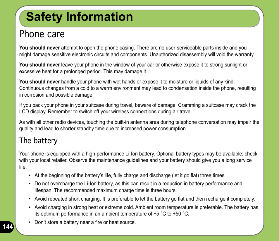 Safety information, Phone care, The battery | Asus P735 User Manual | Page 144 / 150