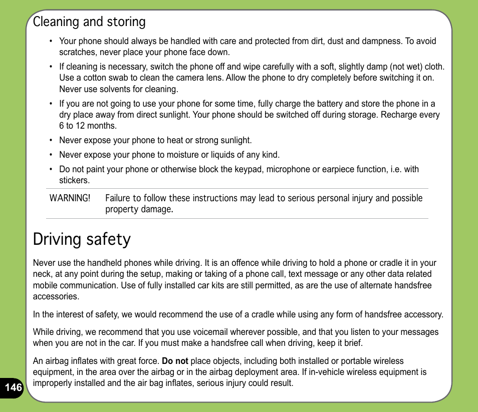 Driving safety, Cleaning and storing | Asus P735 User Manual | Page 146 / 150
