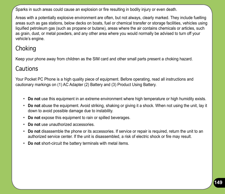 Choking, Cautions | Asus P735 User Manual | Page 149 / 150